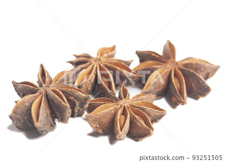 A group of star anises isolated on white background. Dried star anise spice fruits A group of star anises isolated on white background. Dried star anise spice fruits 93251505