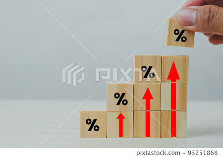Wooden cubes inflation and arrow red with wood cube percentage symbol on background and copy space.Business finance concepts. 93251868