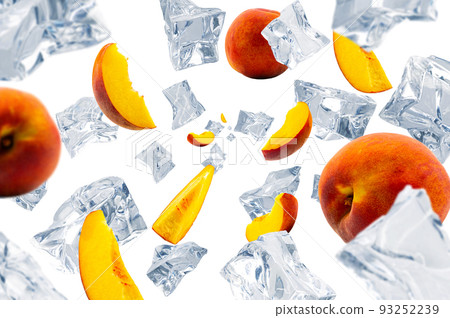 Collection of real Ice cubes with fresh Peach falling on white background.  Concept for product advertising. Selective Focus. 93252239