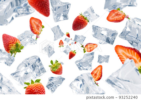 Collection of real Ice cubes with Strawberry falling on white background. Concept for product advertising. Selective Focus. Collection of real Ice cubes with Strawberry falling on white background. Concept for product advertising. Selective Focus. 93252240