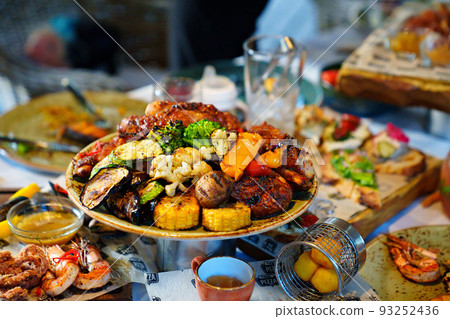 a plate of grilled vegetables. vegetable kebab. simple and delicious food. 93252436