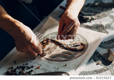 Materials sketch and tools for making colored smalt glass mosaics. Master class making mosaic woman ancient greek portrait. 93253027