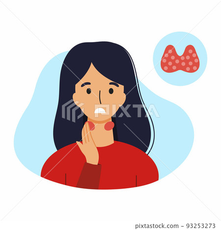 A woman with thyroid disease. Pain in the neck. Vector illustration with a medical disease symptom. A woman with thyroid disease. Pain in the neck. Vector illustration with a medical disease symptom. 93253273