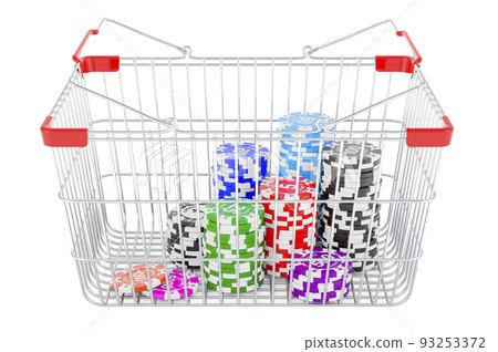 Shopping basket with casino tokens. 3D rendering 93253372