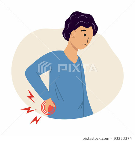 The man suffers from pain in the lower back. Urolithiasis. A person with kidney problems. The man suffers from pain in the lower back. Urolithiasis. A person with kidney problems. 93253374