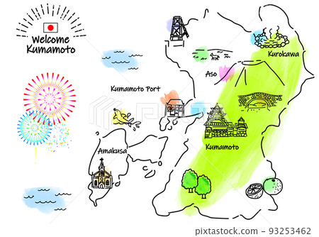Hand-painted Kumamoto prefecture sightseeing spot simple line drawing illustration map 93253462
