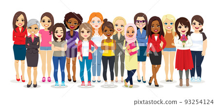 Vector illustration of multiethnic multicultural group of different casual women standing together 93254124