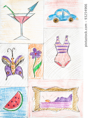 sketch hand-drawn with color pencils on paper 93254966