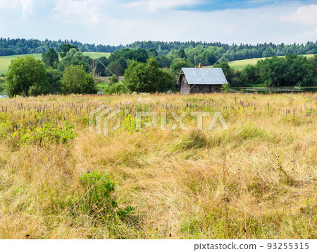 overgrown meadow and old log house near river overgrown meadow and old log house near river 93255315