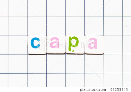 Colorful tile letter in word CAPA (abbreviation of corrective action and preventive action) on white grid background 93255543