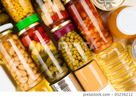 Emergency groceries food background flat lay 93256212