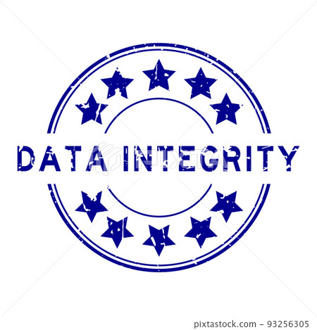 Grunge blue data integrity word with star icon round rubber seal stamp on white background 93256305