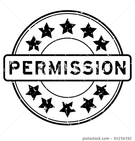Grunge black permission word with star icon round rubber seal stamp on white background 93256392
