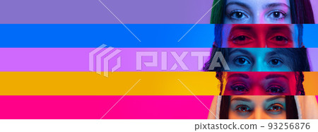 Collage of close-up male and female eyes isolated on colored neon backgorund. Multicolored stripes. Concept of equality, vision, emotions Collage of close-up male and female eyes isolated on colored neon backgorund. Multicolored stripes. Concept of equality, vision, emotions 93256876