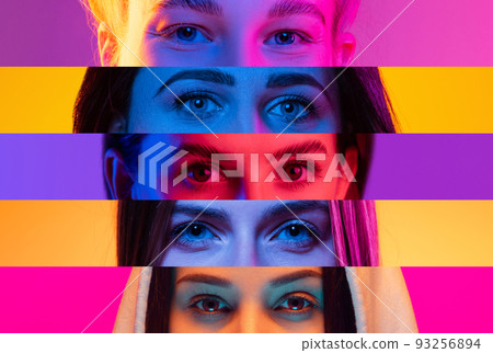 Collage of close-up male and female eyes isolated on colored neon backgorund. Multicolored stripes. Concept of equality, vision, emotions Collage of close-up male and female eyes isolated on colored neon backgorund. Multicolored stripes. Concept of equality, vision, emotions 93256894