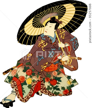 A man in a glossy kimono with a janome umbrella 93257886