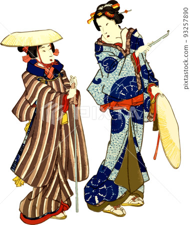 Women walking on a snowy road while talking 93257890