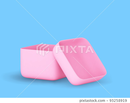 3D plastic pink open gift box on blue background. 3D plastic pink open gift box on blue background. 93258919