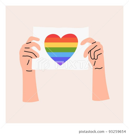 A hand holds a sign with an LGBT rainbow and love is love. Pride month, LGBT flag, rainbow. Flat vector illustration A hand holds a sign with an LGBT rainbow and love is love. Pride month, LGBT flag, rainbow. Flat vector illustration 93259654