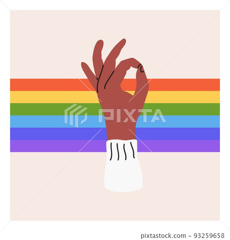 The hand shows the ok sign on the background of LGBT colors. Pride month, LGBT flag, rainbow. Flat vector illustration 93259658