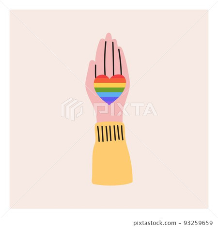 The hand holds the LGBT heart. Pride month, LGBT flag, rainbow. Flat vector illustration The hand holds the LGBT heart. Pride month, LGBT flag, rainbow. Flat vector illustration 93259659