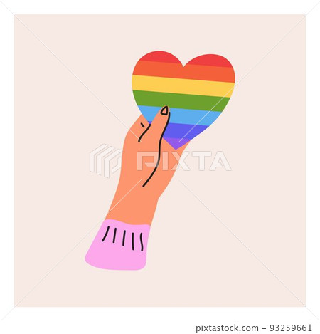The hand holds the LGBT heart. Pride month, LGBT flag, rainbow. Flat vector illustration The hand holds the LGBT heart. Pride month, LGBT flag, rainbow. Flat vector illustration 93259661