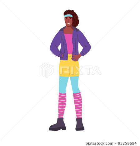 Woman in clothes in the style of the 90s. Neon, nostalgia, street style, trend. Flat vector illustration 93259684
