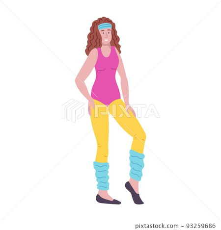 Woman in a sports suit in the style of the 90s. Neon, nostalgia, street style, trend. Flat vector illustration 93259686