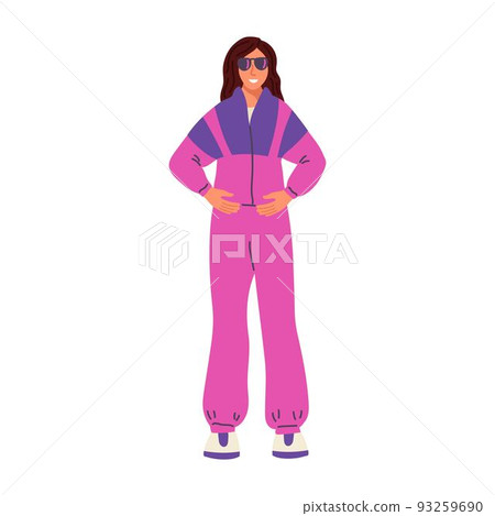 Woman in a sports suit in the style of the 90s. Neon, nostalgia, street style, trend. Flat vector illustration 93259690