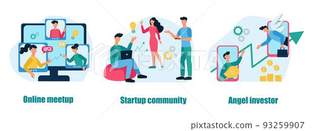 A set of business concepts and metaphors. Online meetup, Startup community, Angel investor. Teamwork, business development. Flat cartoon vector illustration. A set of business concepts and metaphors. Online meetup, Startup community, Angel investor. Teamwork, business development. Flat cartoon vector illustration. 93259907