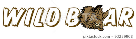 WILD BOAR in capital letters, with wild hog symbol with shaggy fur, sharp fangs, dangerous, menacing look. Isolated illustration, black and white on white background. Symbol and sign. Vector. WILD BOAR in capital letters, with wild hog symbol with shaggy fur, sharp fangs, dangerous, menacing look. Isolated illustration, black and white on white background. Symbol and sign. Vector. 93259908