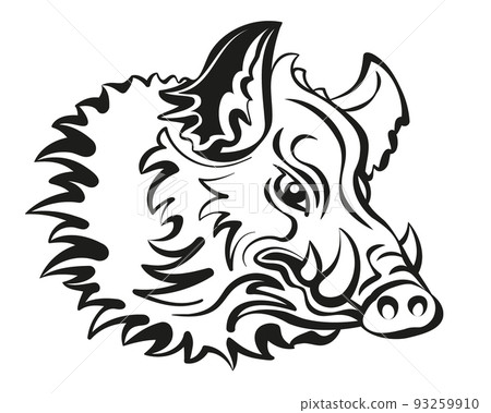 Boar, Wild Hog, Feral Pig with shaggy fur, sharp fangs, dangerous, menacing look, ready to attack. Isolated illustration, black and white on white background. Symbol and sign. Vector. 93259910