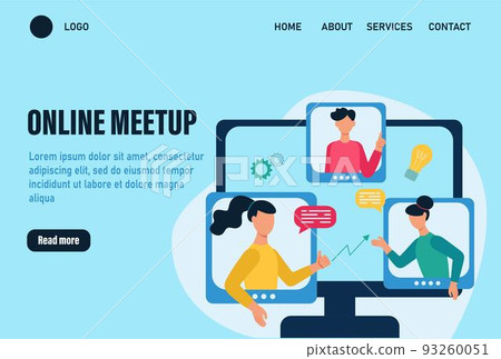 Online meetup landing page vector template. Concept of an online meeting, communication. People discuss work issues and ideas online. Team work online.  Flat cartoon vector illustration 93260051