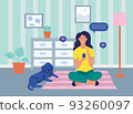 A young woman is sitting with a phone on the floor. The concept of online communication, Internet addiction, daily life, everyday leisure and work activities. Flat cartoon vector illustration. 93260097