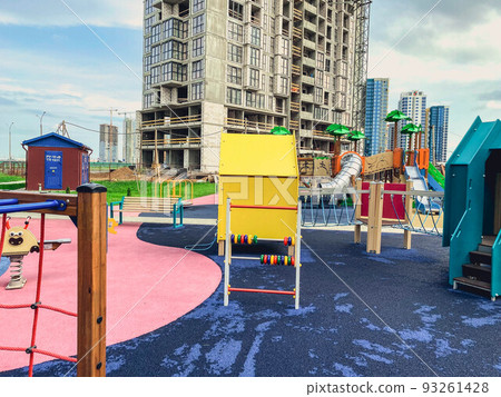 game for children in the yard. playground with sandbox, slide, ropes for climbing. outdoor recreation. active games in the yard game for children in the yard. playground with sandbox, slide, ropes for climbing. outdoor recreation. active games in the yard 93261428