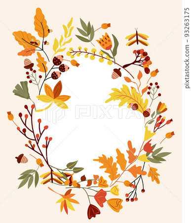 Cute Autumn wreath with colorful leaves, berryes, acorn. Composition for your greeting cards, poster, postcard and harvest festival or Thanksgiving.Vector Illustration. Cute Autumn wreath with colorful leaves, berryes, acorn. Composition for your greeting cards, poster, postcard and harvest festival or Thanksgiving.Vector Illustration. 93263175
