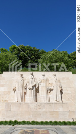 Blue sky and the Reformation monument of Jean Calvin et al at the University of Geneva, Switzerland 93264643