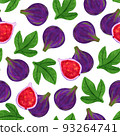 Violet fig fruit watercolor seamless pattern. Exotic ripe purple fig with leaves 93264741