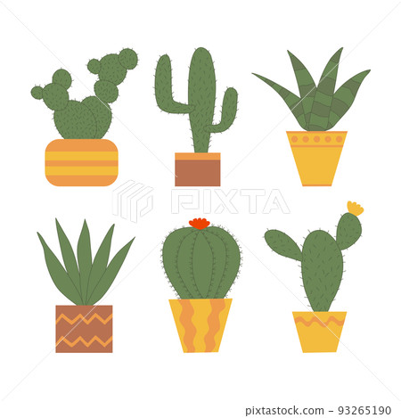 Set of different cactus in pots, flat doodle vector Set of different cactus in pots, flat doodle vector 93265190
