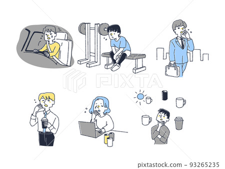 A set of people suspected of lack of sleep due to overdose of caffeineComical handwritten characters A set of people suspected of lack of sleep due to overdose of caffeineComical handwritten characters 93265235