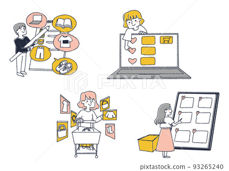 一組在網上商店有收藏列表的人 可笑的手寫字符 一組在網上商店有收藏列表的人 可笑的手寫字符 93265240