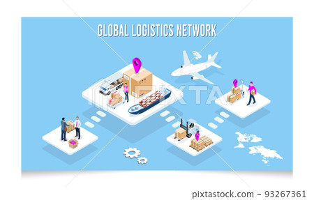 3D isometric Global logistics network concept with transport, export, import, cargo and more. 93267361