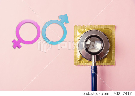 medical equipment, condom in pack, doctor stethoscope and Male and female gender signs 93267417