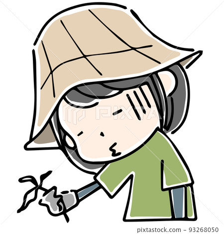 The upper body of a woman who is disappointed with a wilted plant in her work clothes for field work 93268050