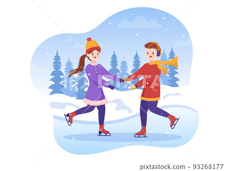 Ice Skating Hand Drawn Cartoon Flat Illustration of Winter Fun Outdoors Sport Activities on Ice Rink with Seasonal Outerwear 93268177