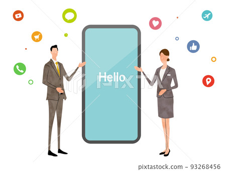 Vector illustration material: Men and women who introduce smartphones Vector illustration material: Men and women who introduce smartphones 93268456