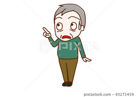 (Whole body oblique) An elderly man with a surprised expression pointing up diagonally and sweating 93271459