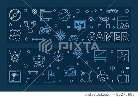 Gamer outline blue horizontal banners. Vector illustration Gamer outline blue horizontal banners. Vector illustration 93273695