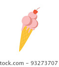 Ice cream in a waffle cone, decorated with cherries.  Flat vector illustration isolated on a white background. 93273707