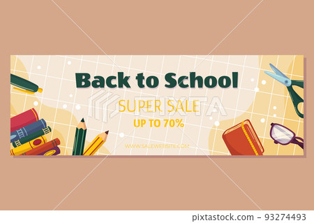 Colorful back to school sale offer banner template with different studying supplies - stack of books pencils, notepad scissors. Vector illustration design with copy space. 93274493
